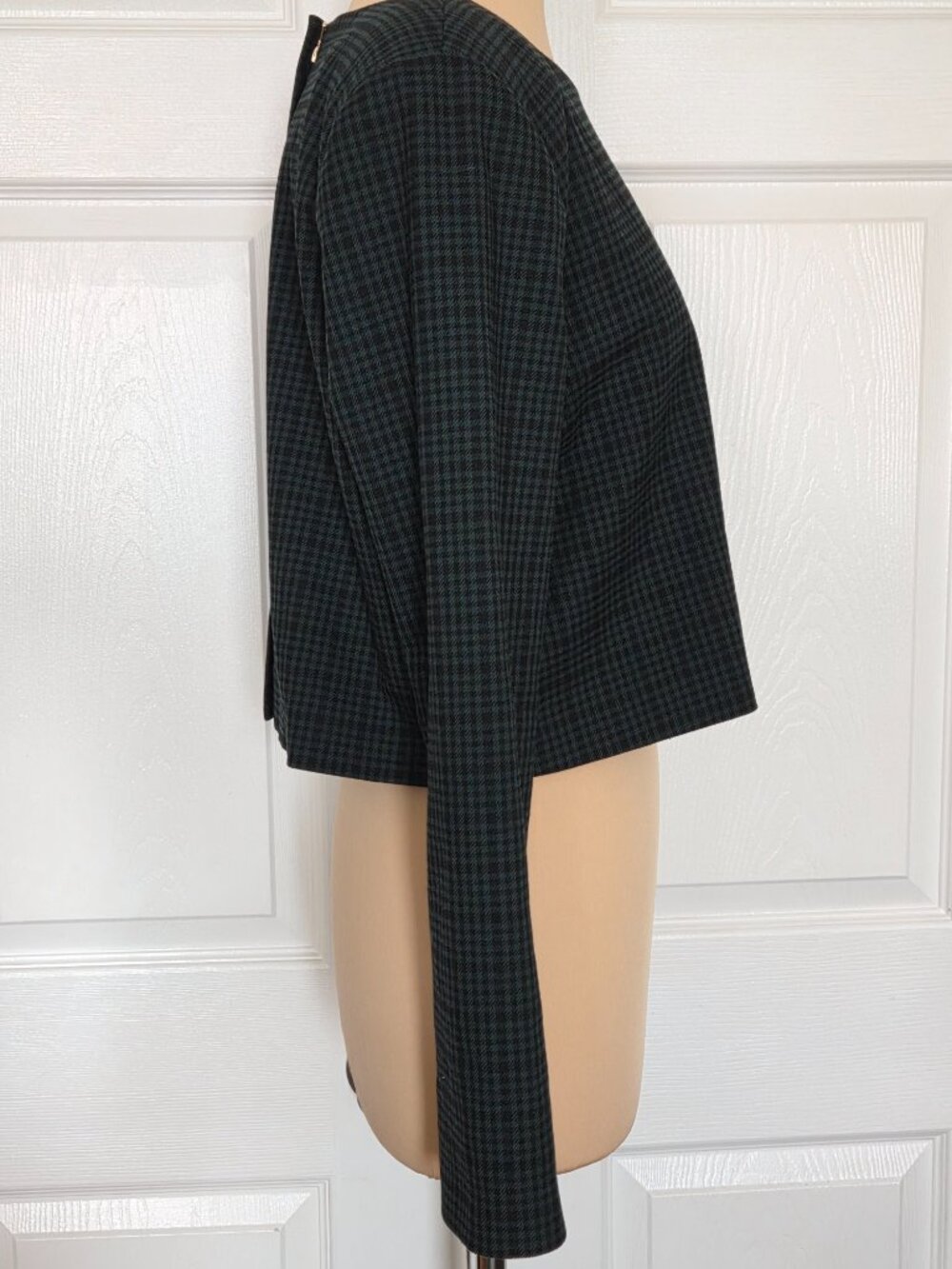 Ann Taylor Dark Green Plaid Long-Sleeve Cropped Jacket Blouse - Picture 7 of 16